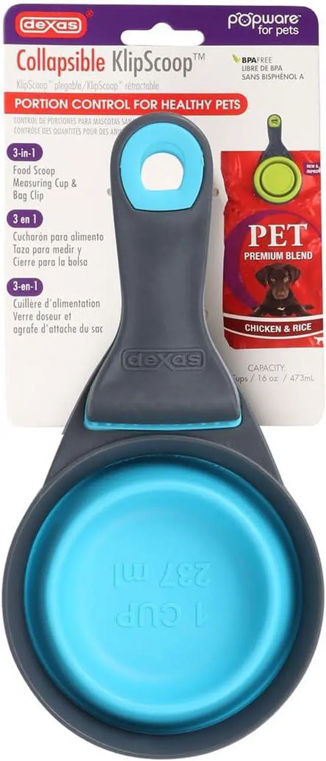 Alt view image 6 of 7 - Dexas Popware for Pets Collapsible Klip Scoop, 3-in-1 Pet Food Scoop, Measuring Cup and Bag Clip, 1 Cup Capacity, Blue