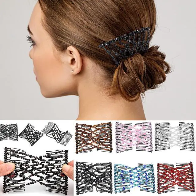 Alt view image 7 of 7 - CCbeauty 6 Pcs Magic Hair Comb Elastic Beaded Hair Clips Women Decorative Accessories,Bride Double Slides Stretching Hairpins Combs for Ladies Girls Popular Hairstyles
