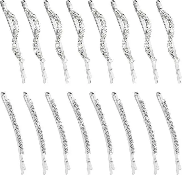 Main image of 16 Pieces Fancy Rhinestone Bobby Pins, YISSION Silver Metal Hair Clips 2 Shaped Barrettes, Sparkly Crystal Hair Accessories for Women Girls Wedding Prom Party