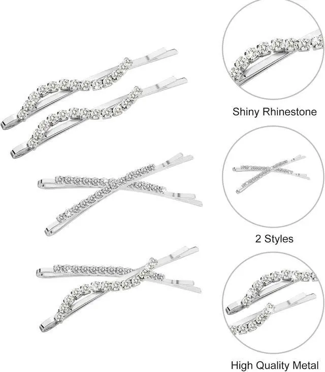 Alt view image 3 of 7 - 16 Pieces Fancy Rhinestone Bobby Pins, YISSION Silver Metal Hair Clips 2 Shaped Barrettes, Sparkly Crystal Hair Accessories for Women Girls Wedding Prom Party