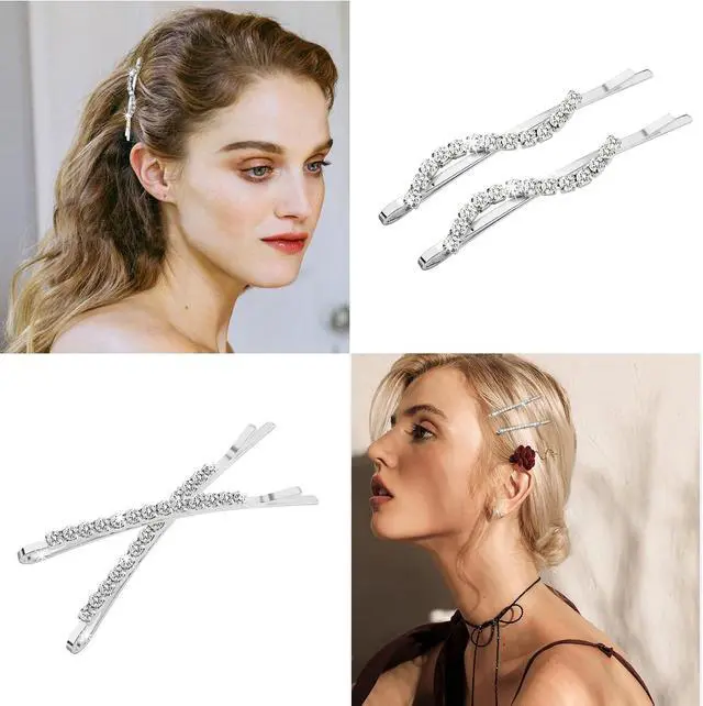 Alt view image 4 of 7 - 16 Pieces Fancy Rhinestone Bobby Pins, YISSION Silver Metal Hair Clips 2 Shaped Barrettes, Sparkly Crystal Hair Accessories for Women Girls Wedding Prom Party