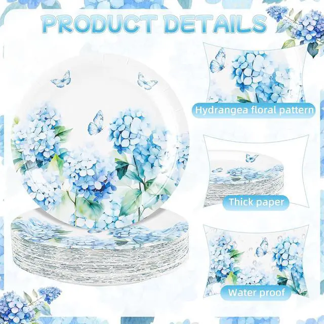 Alt view image 2 of 7 - AllReal 24 Pcs Blue Hydrangea Floral Paper Dessert Plates | 7 Inch Floral Disposable Cake Plates Decorative Flower Tableware for Tea Party Baby Shower Garden Wedding Summer Celebration