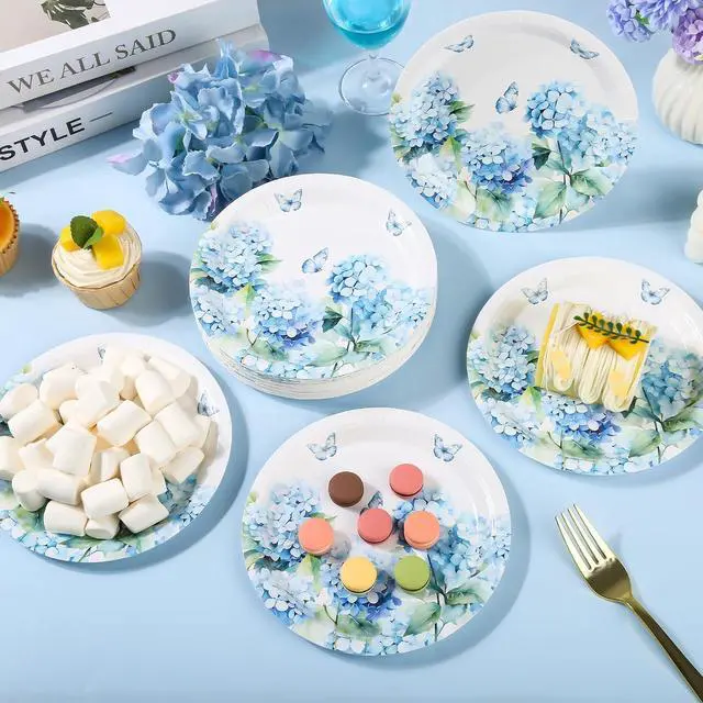 Alt view image 4 of 7 - AllReal 24 Pcs Blue Hydrangea Floral Paper Dessert Plates | 7 Inch Floral Disposable Cake Plates Decorative Flower Tableware for Tea Party Baby Shower Garden Wedding Summer Celebration