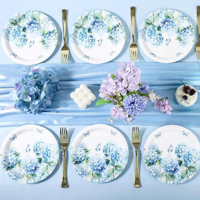 Alt view image 5 of 7 - AllReal 24 Pcs Blue Hydrangea Floral Paper Dessert Plates | 7 Inch Floral Disposable Cake Plates Decorative Flower Tableware for Tea Party Baby Shower Garden Wedding Summer Celebration