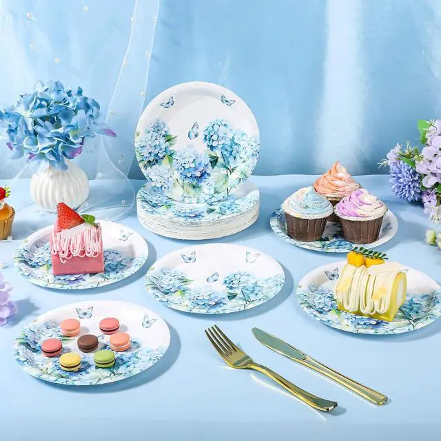 Alt view image 7 of 7 - AllReal 24 Pcs Blue Hydrangea Floral Paper Dessert Plates | 7 Inch Floral Disposable Cake Plates Decorative Flower Tableware for Tea Party Baby Shower Garden Wedding Summer Celebration