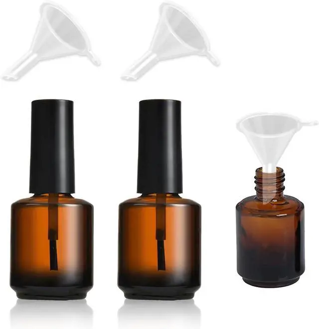 Main image of 2Pcs Empty Nail Polish Bottles with Brush 15ml Bulk Mini Gel Bottle Containers for Liquid Nail Art and DIY Polish Samples Brown Glass Vials with Cap and 2pcs Funnel for Easy Filling