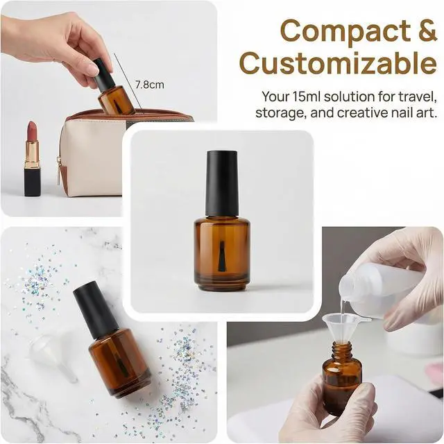 Alt view image 2 of 7 - 2Pcs Empty Nail Polish Bottles with Brush 15ml Bulk Mini Gel Bottle Containers for Liquid Nail Art and DIY Polish Samples Brown Glass Vials with Cap and 2pcs Funnel for Easy Filling