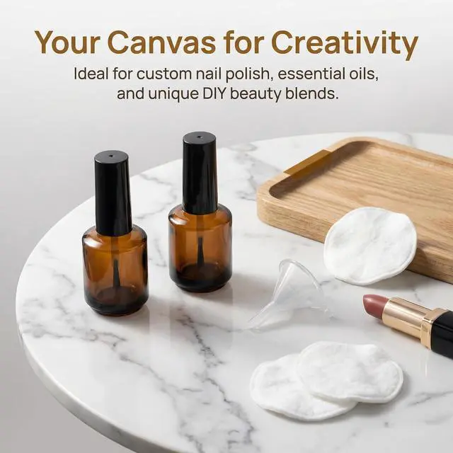 Alt view image 3 of 7 - 2Pcs Empty Nail Polish Bottles with Brush 15ml Bulk Mini Gel Bottle Containers for Liquid Nail Art and DIY Polish Samples Brown Glass Vials with Cap and 2pcs Funnel for Easy Filling