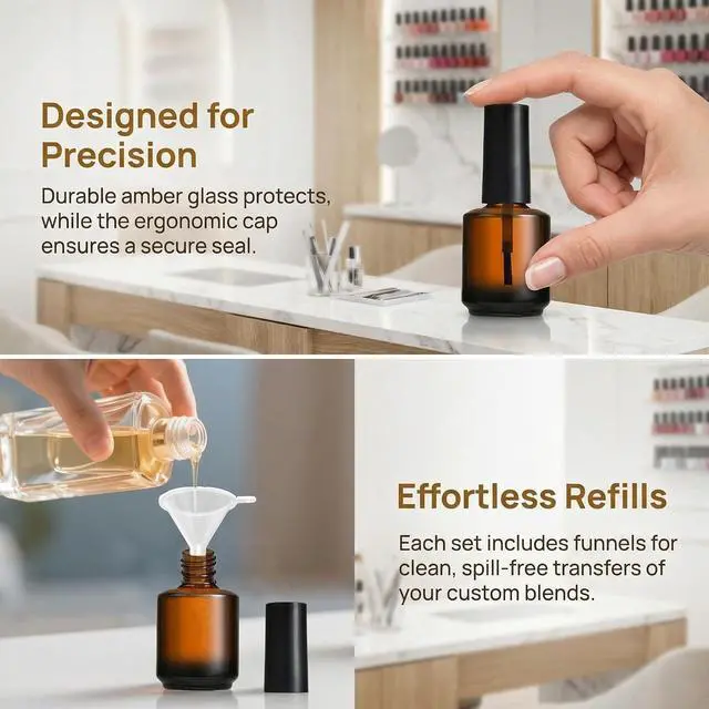 Alt view image 5 of 7 - 2Pcs Empty Nail Polish Bottles with Brush 15ml Bulk Mini Gel Bottle Containers for Liquid Nail Art and DIY Polish Samples Brown Glass Vials with Cap and 2pcs Funnel for Easy Filling