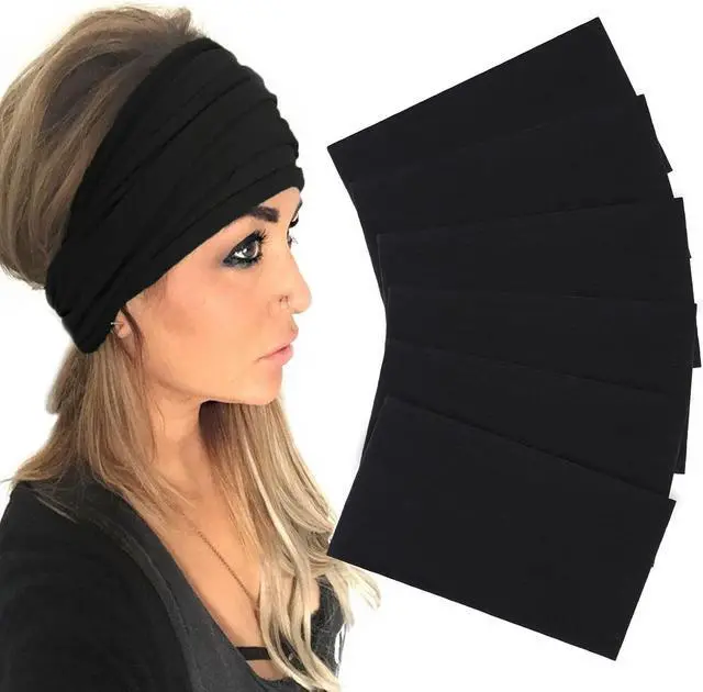 Main image of XTREND 6 Packs Wide Boho Headbands for Women Stretch Fashion Headband Extra Large Turban Headband for Yoga, Working Out, Travel or Running Black Hairband Accessories (Black)