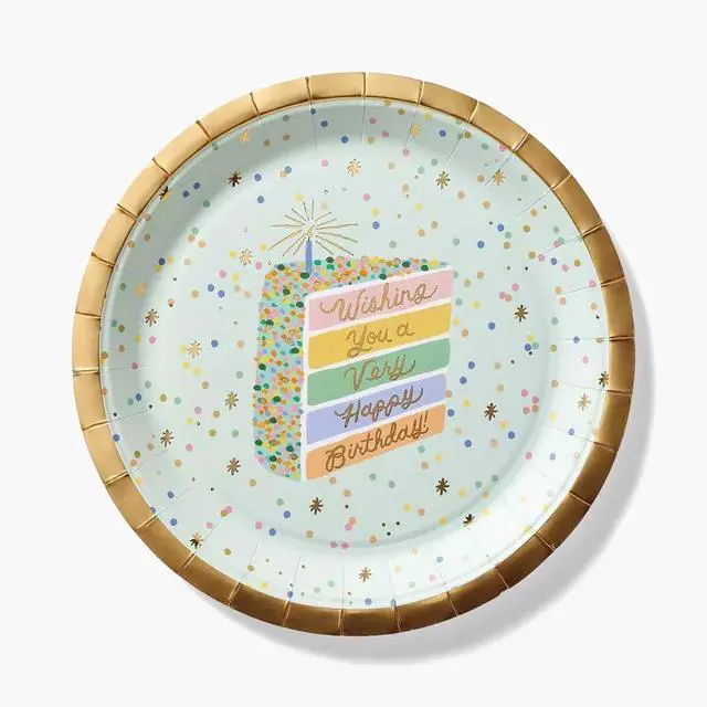 Main image of RIFLE PAPER CO. Birthday Cake Large Paper Plates, Set of 8, Full Color | 10" Diameter, Vibrant Full-Color Illustrated Design, Elegant Touch to Any Celebration, Party, Event, or Gathering