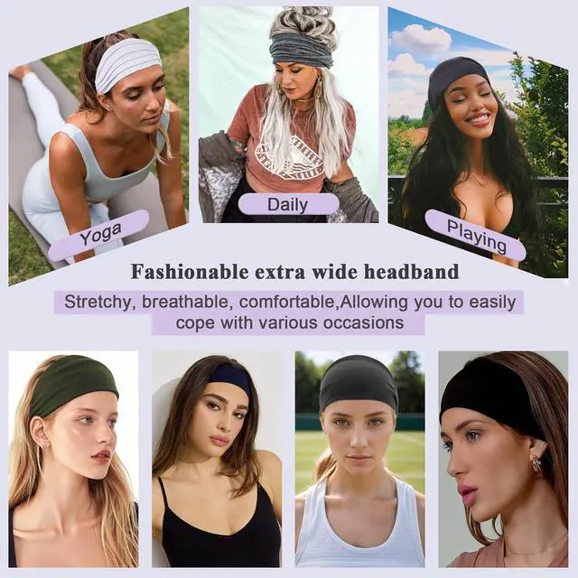 Alt view image 4 of 6 - XTREND 6 Packs Wide Boho Headbands for Women Stretch Fashion Headband Extra Large Turban Headband for Yoga, Working Out, Travel or Running Black Hairband Accessories (Black)