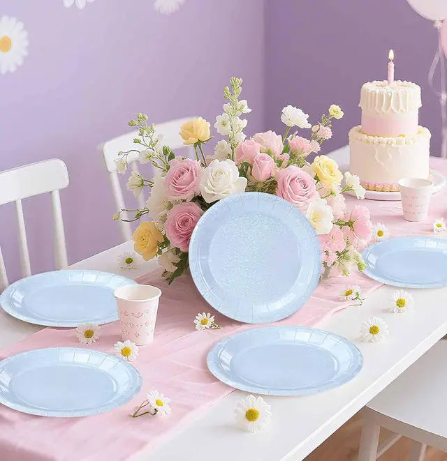 Alt view image 2 of 7 - SietDESEO 50 PCS Iridescent Light Blue Paper Plates 7 Inch Dessert Plates Holographic Blue Disposable Plate for Birthday Party Dinner Wedding Baby Shower Glitter Cake Plate
