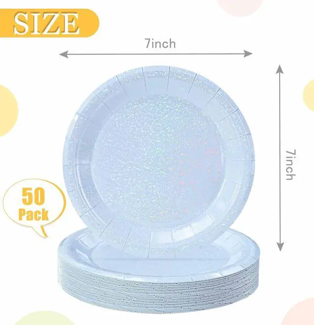 Alt view image 3 of 7 - SietDESEO 50 PCS Iridescent Light Blue Paper Plates 7 Inch Dessert Plates Holographic Blue Disposable Plate for Birthday Party Dinner Wedding Baby Shower Glitter Cake Plate