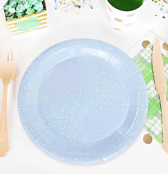 Alt view image 4 of 7 - SietDESEO 50 PCS Iridescent Light Blue Paper Plates 7 Inch Dessert Plates Holographic Blue Disposable Plate for Birthday Party Dinner Wedding Baby Shower Glitter Cake Plate