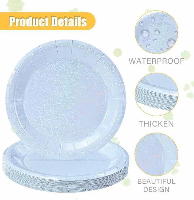 Alt view image 5 of 7 - SietDESEO 50 PCS Iridescent Light Blue Paper Plates 7 Inch Dessert Plates Holographic Blue Disposable Plate for Birthday Party Dinner Wedding Baby Shower Glitter Cake Plate