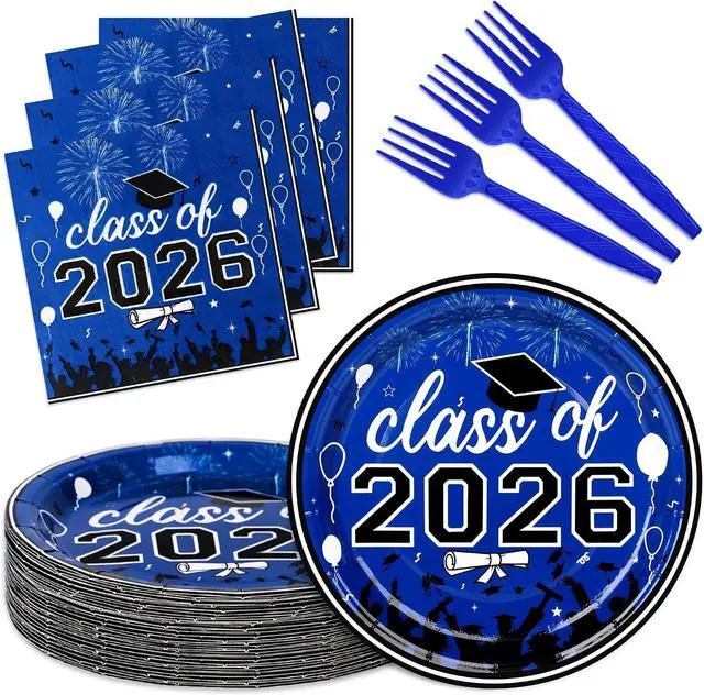 Main image of 75 Pcs Graduation Plates and Napkins Party Supplies Set,Serves 25 Guests Blue 2026 Graduation Plates and Napkins,Disposable Paper Tableware Set for Graduation Party Decorations