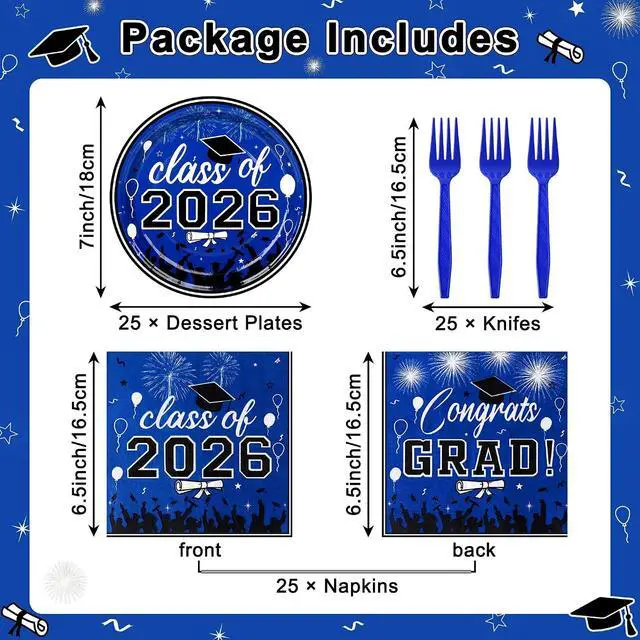 Alt view image 2 of 7 - 75 Pcs Graduation Plates and Napkins Party Supplies Set,Serves 25 Guests Blue 2026 Graduation Plates and Napkins,Disposable Paper Tableware Set for Graduation Party Decorations