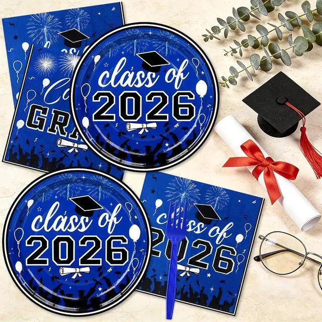 Alt view image 3 of 7 - 75 Pcs Graduation Plates and Napkins Party Supplies Set,Serves 25 Guests Blue 2026 Graduation Plates and Napkins,Disposable Paper Tableware Set for Graduation Party Decorations