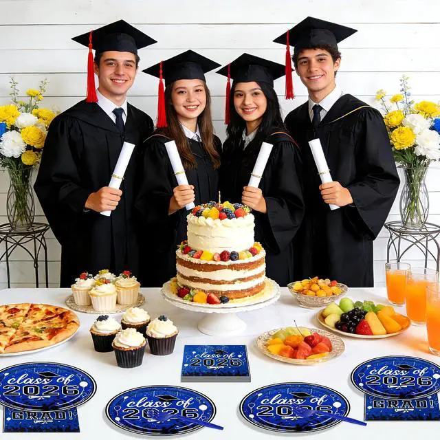 Alt view image 6 of 7 - 75 Pcs Graduation Plates and Napkins Party Supplies Set,Serves 25 Guests Blue 2026 Graduation Plates and Napkins,Disposable Paper Tableware Set for Graduation Party Decorations