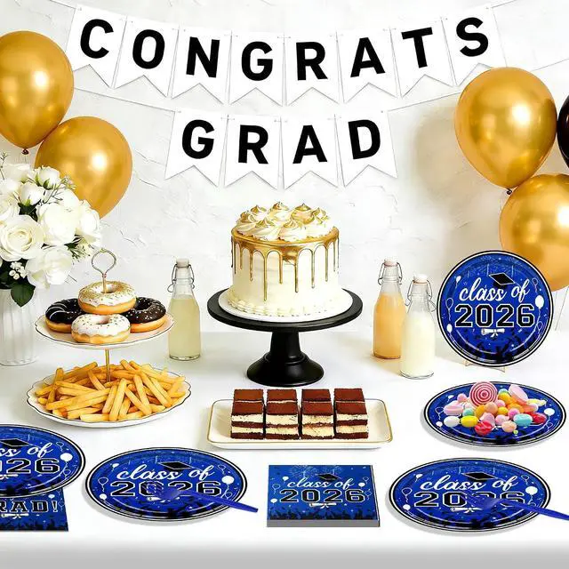 Alt view image 5 of 7 - 75 Pcs Graduation Plates and Napkins Party Supplies Set,Serves 25 Guests Blue 2026 Graduation Plates and Napkins,Disposable Paper Tableware Set for Graduation Party Decorations