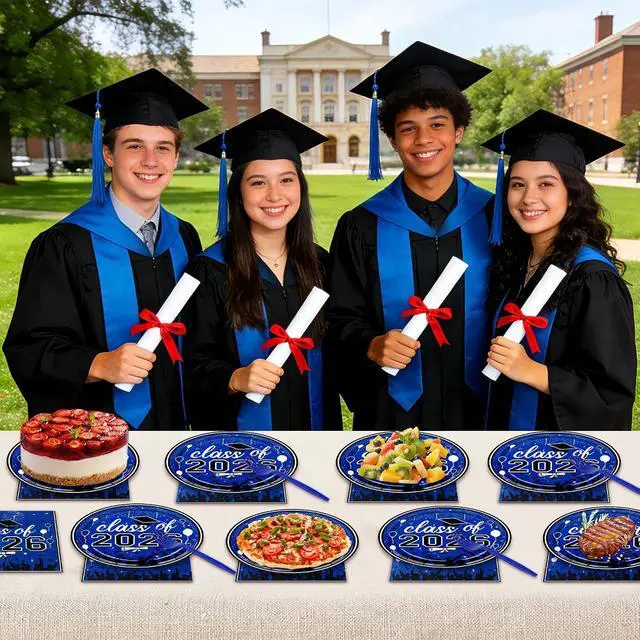 Alt view image 7 of 7 - 75 Pcs Graduation Plates and Napkins Party Supplies Set,Serves 25 Guests Blue 2026 Graduation Plates and Napkins,Disposable Paper Tableware Set for Graduation Party Decorations
