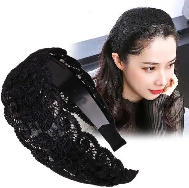 Alt view image 5 of 5 - Vctitil Black Wide Lace Headband Hair Band Elegant Trendy Headband Elastic Hairbands With Teeth Headwear Accessories For Women And Girls