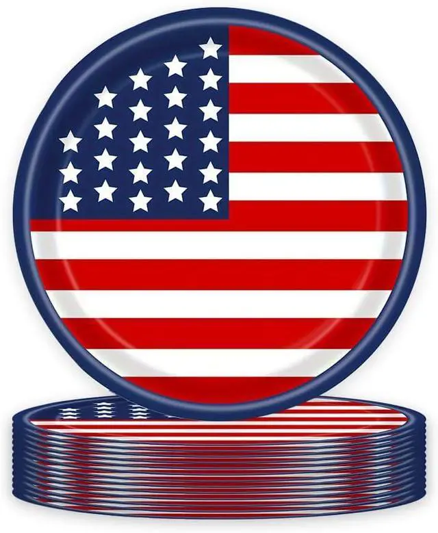 Main image of 4th of July Disposable Paper Plates American Flag Patriotic Party Supplies, Red White and Blue Paper Plates for Memorial Day Independence Day Decorations, Serve 25