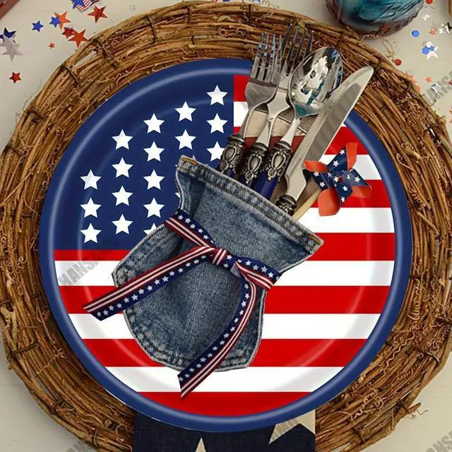 Alt view image 3 of 7 - 4th of July Disposable Paper Plates American Flag Patriotic Party Supplies, Red White and Blue Paper Plates for Memorial Day Independence Day Decorations, Serve 25
