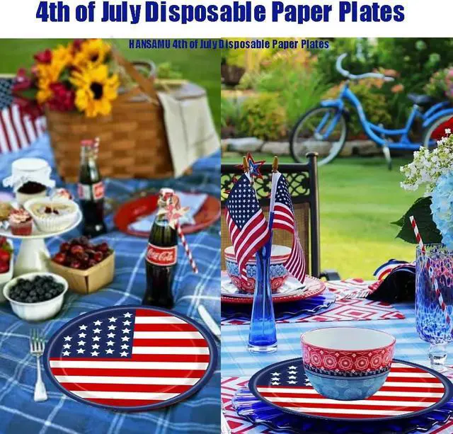 Alt view image 4 of 7 - 4th of July Disposable Paper Plates American Flag Patriotic Party Supplies, Red White and Blue Paper Plates for Memorial Day Independence Day Decorations, Serve 25