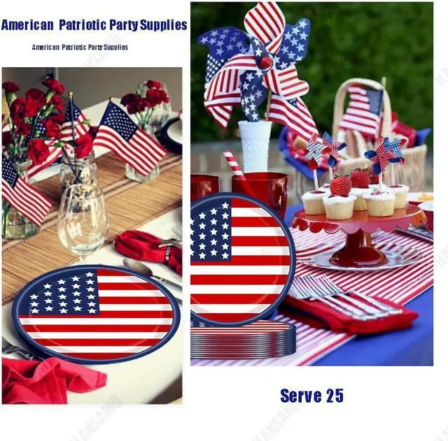 Alt view image 6 of 7 - 4th of July Disposable Paper Plates American Flag Patriotic Party Supplies, Red White and Blue Paper Plates for Memorial Day Independence Day Decorations, Serve 25
