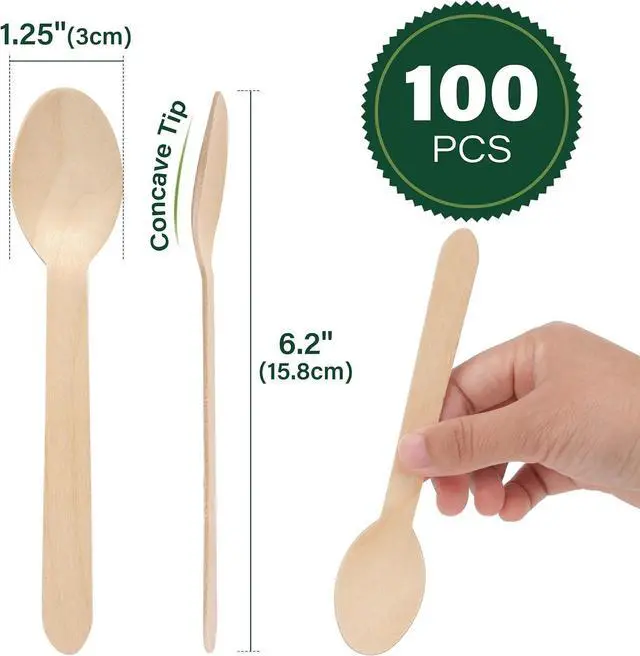 Alt view image 2 of 7 - LotFancy Disposable Wooden Spoons, 100Pcs 6.25 inch Wood Cutlery Spoon, Biodegradable Compostable Eco-friendly Birchwood Sampling Tasting
