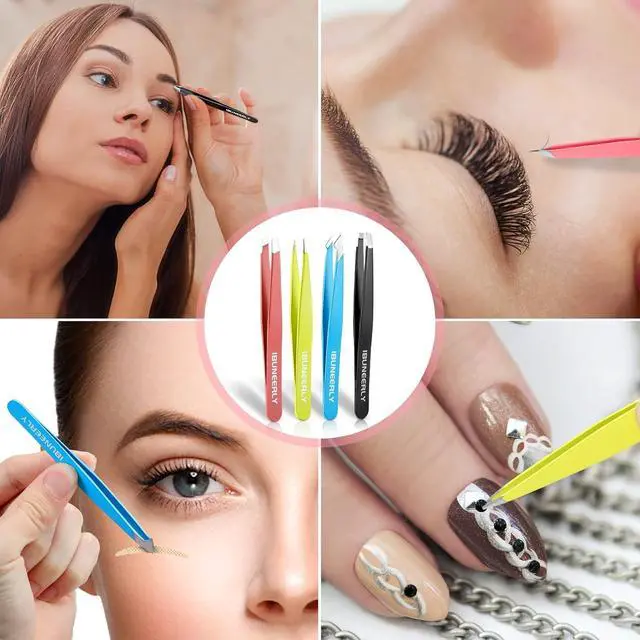 Alt view image 6 of 7 - Eyebrow Tweezers Set for Women Facial Hair, 4Pcs, Multi-color | Stainless Steel, Ultra Sharp, Great Precision for Ingrown Hair, Facial Hair and Splinter Removal with Travel Case