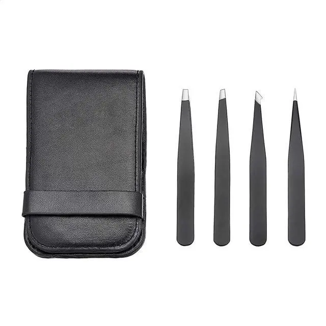 Main image of Amazon Basics Tweezers for Facial Hair, Eyebrows, Eyelashes - Set of 4, Professional Stainless Steel with Travel Case, Black
