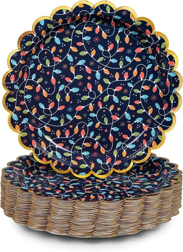Main image of Confettiville Christmas Paper Plates, 50-Count Disposable Christmas Dinner Plates, Scalloped Gold, Party Supplies