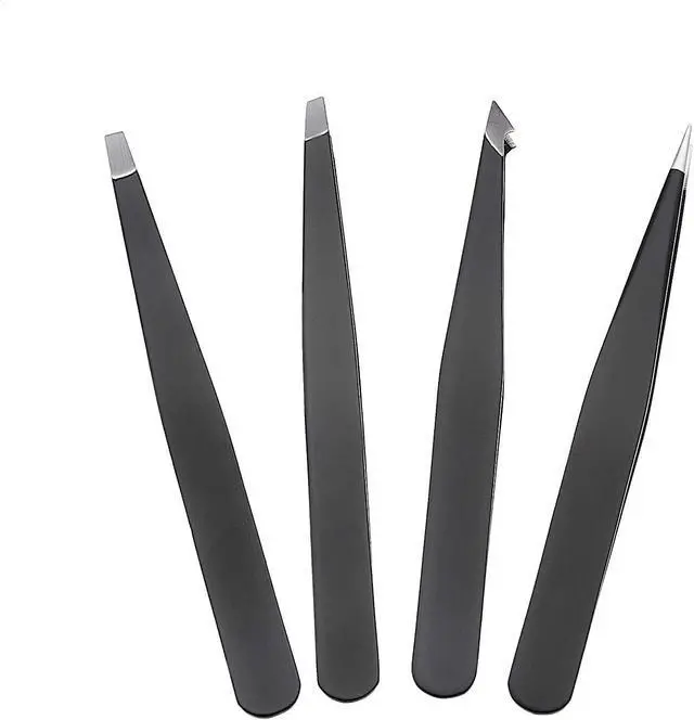 Alt view image 4 of 7 - Amazon Basics Tweezers for Facial Hair, Eyebrows, Eyelashes - Set of 4, Professional Stainless Steel with Travel Case, Black