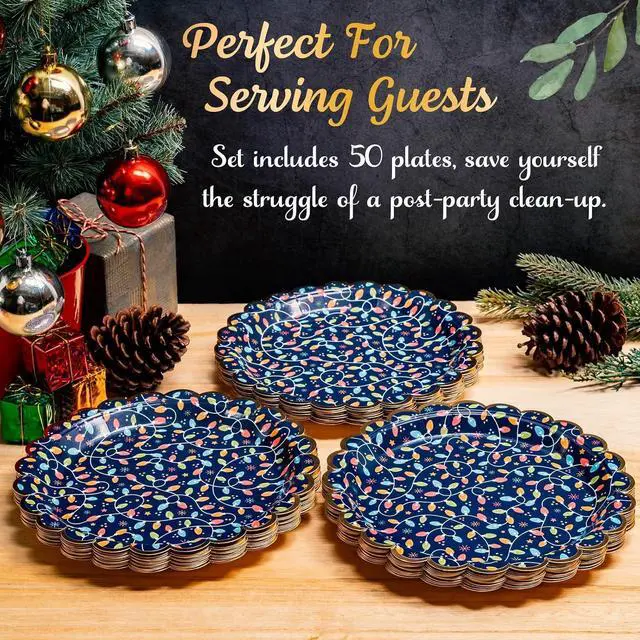 Alt view image 7 of 7 - Confettiville Christmas Paper Plates, 50-Count Disposable Christmas Dinner Plates, Scalloped Gold, Party Supplies