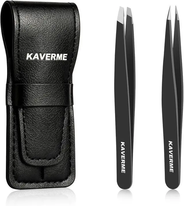 Main image of 2Pcs Eyebrows Tweezers Set, Upgrade Professional Precision Tips, Black | Slant and Point Tips for Eyebrows, Facial Hair and Ingrown Hair Removal