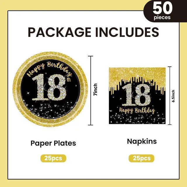 Alt view image 2 of 7 - 50 Pcs 18th Birthday Plates and Napkins Party Supplies, Back Gold 18th Birthday Party Plates and Napkins Tableware Set for Men Women Cheers to 18 Years Anniversary Decorations (18th)