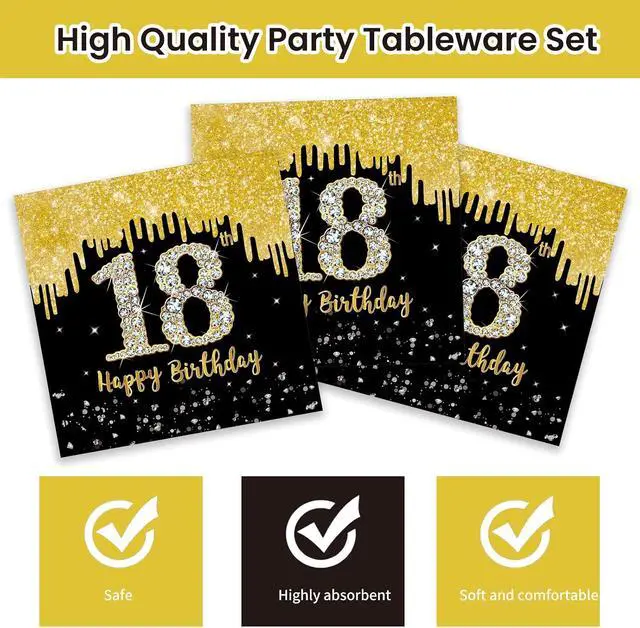 Alt view image 5 of 7 - 50 Pcs 18th Birthday Plates and Napkins Party Supplies, Back Gold 18th Birthday Party Plates and Napkins Tableware Set for Men Women Cheers to 18 Years Anniversary Decorations (18th)