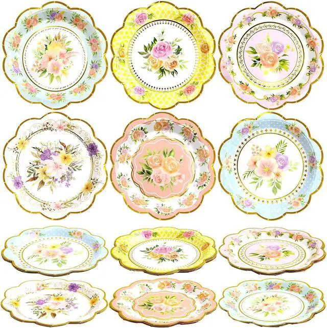 Alt view image 2 of 7 - WorldBazaar Floral Paper Plates 24 Count Flower Disposable Tea Party | Decorations, Spring Party Supplies, Birthday, Housewarming ,Gold Foil