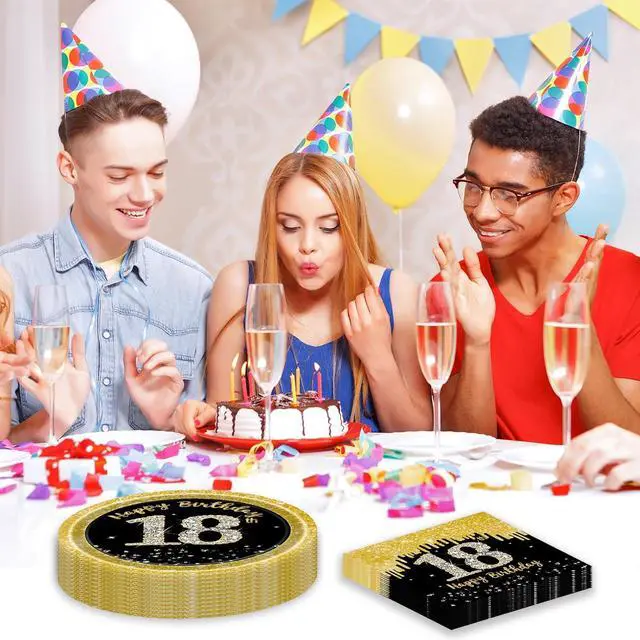 Alt view image 7 of 7 - 50 Pcs 18th Birthday Plates and Napkins Party Supplies, Back Gold 18th Birthday Party Plates and Napkins Tableware Set for Men Women Cheers to 18 Years Anniversary Decorations (18th)