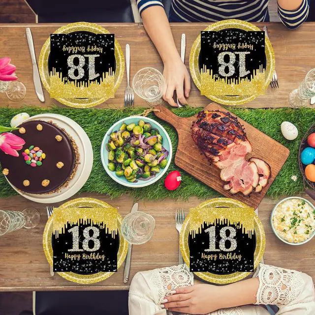 Alt view image 6 of 7 - 50 Pcs 18th Birthday Plates and Napkins Party Supplies, Back Gold 18th Birthday Party Plates and Napkins Tableware Set for Men Women Cheers to 18 Years Anniversary Decorations (18th)