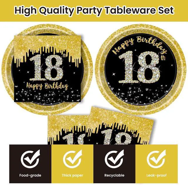 Alt view image 3 of 7 - 50 Pcs 18th Birthday Plates and Napkins Party Supplies, Back Gold 18th Birthday Party Plates and Napkins Tableware Set for Men Women Cheers to 18 Years Anniversary Decorations (18th)