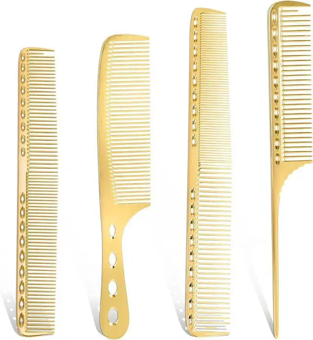 Main image of 4 Pcs Comb Space Aluminum Hair Styling Comb Professional Set Stainless Steel Anti-static Flat Iron Fine Tooth Combs Metal Parting Combs for Women Men Supplies Beauty Tool(Golden)