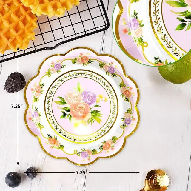 Alt view image 3 of 7 - WorldBazaar Floral Paper Plates 24 Count Flower Disposable Tea Party | Decorations, Spring Party Supplies, Birthday, Housewarming ,Gold Foil
