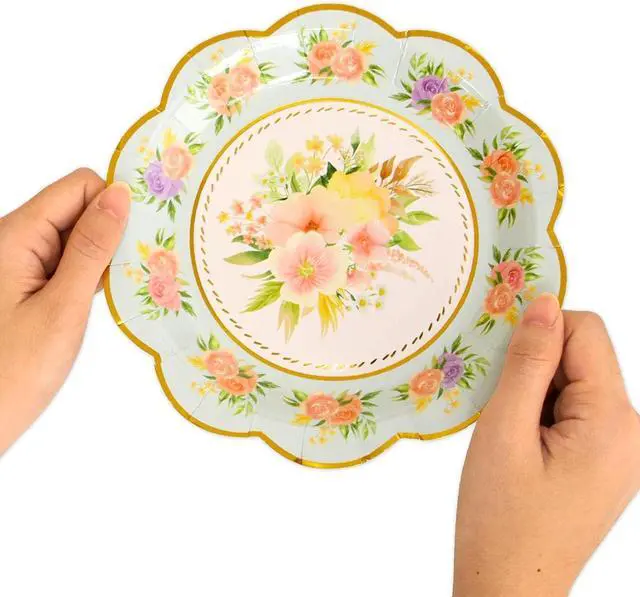 Alt view image 5 of 7 - WorldBazaar Floral Paper Plates 24 Count Flower Disposable Tea Party | Decorations, Spring Party Supplies, Birthday, Housewarming ,Gold Foil