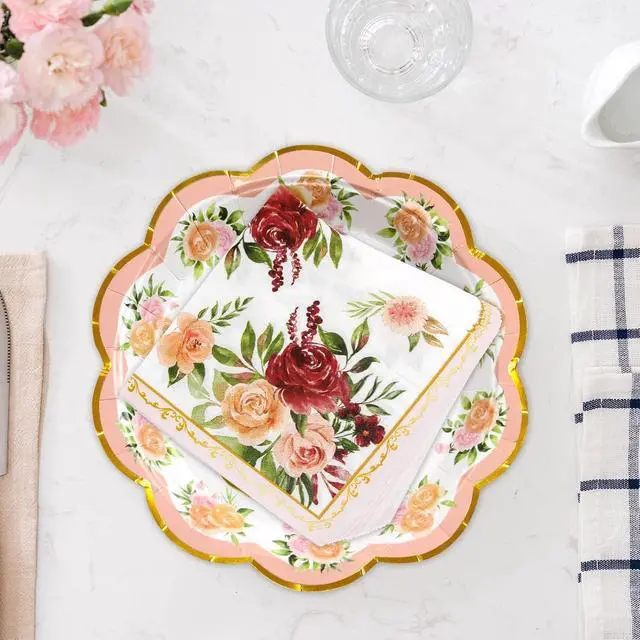 Alt view image 7 of 7 - WorldBazaar Floral Paper Plates 24 Count Flower Disposable Tea Party | Decorations, Spring Party Supplies, Birthday, Housewarming ,Gold Foil