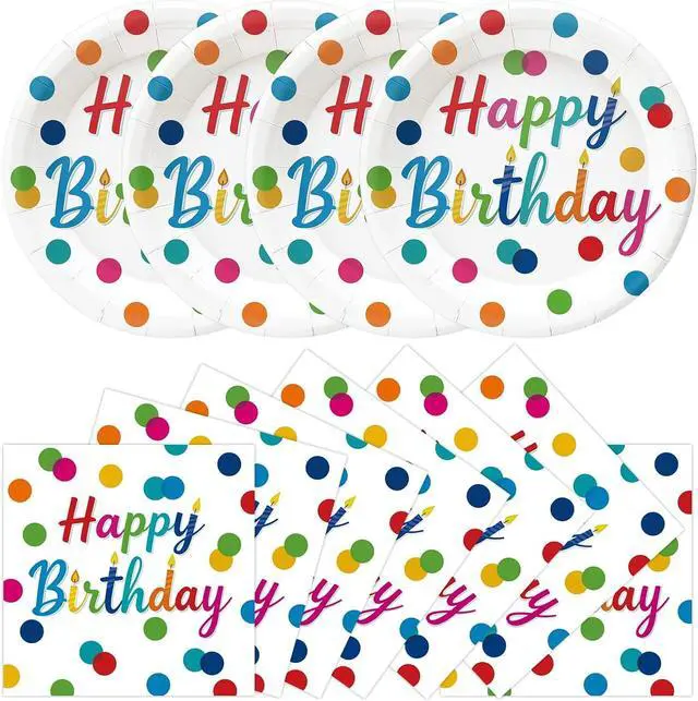 Main image of 50Pcs Happy Birthday Plates and Napkins Party Supplies, Disposable Colorful Polka Dots Paper Plates Napkins Tableware Set for Birthday Party Decorations (Birthday)