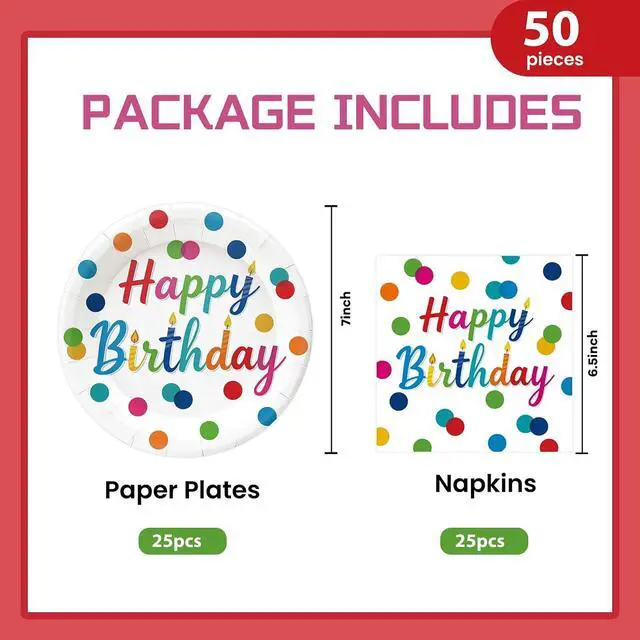 Alt view image 2 of 7 - 50Pcs Happy Birthday Plates and Napkins Party Supplies, Disposable Colorful Polka Dots Paper Plates Napkins Tableware Set for Birthday Party Decorations (Birthday)